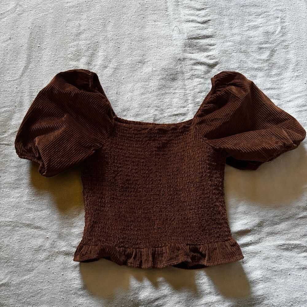 American Eagle Chocolate Brown Corduroy Smocked Puff Sleeve Top (Small)
